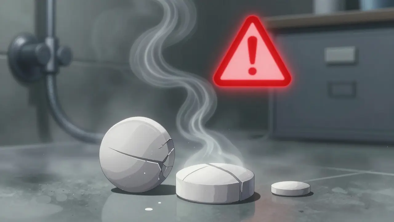 Aspirin tablet degrading in a steamy bathroom with vinegar vapor rising.