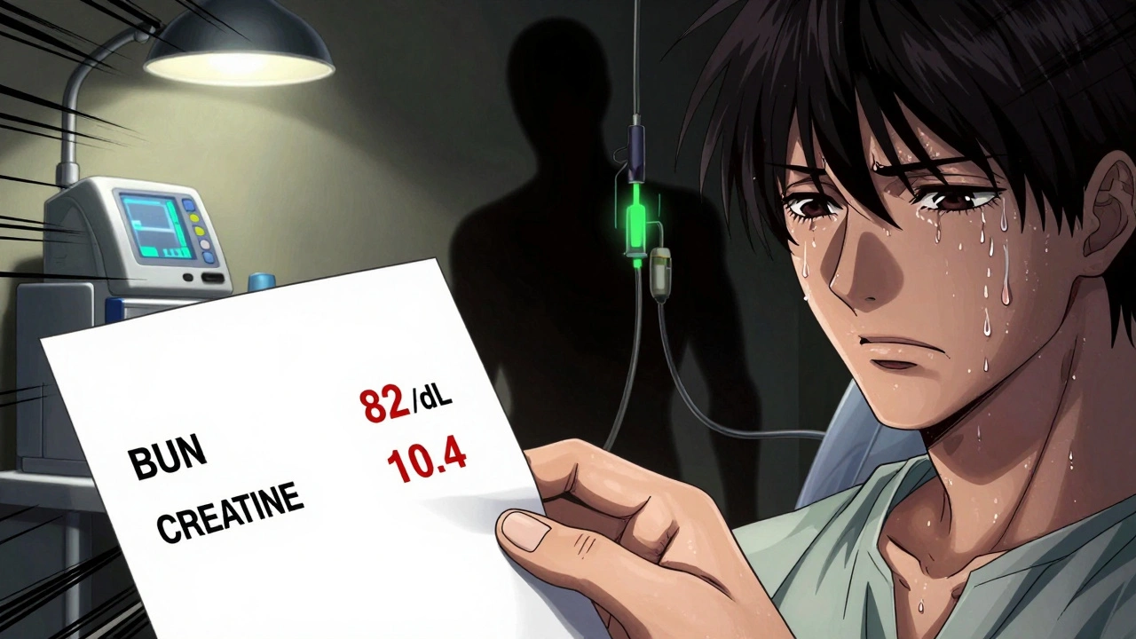 Close-up of a blood test with dangerously high kidney markers, a dialysis machine looming in shadow.