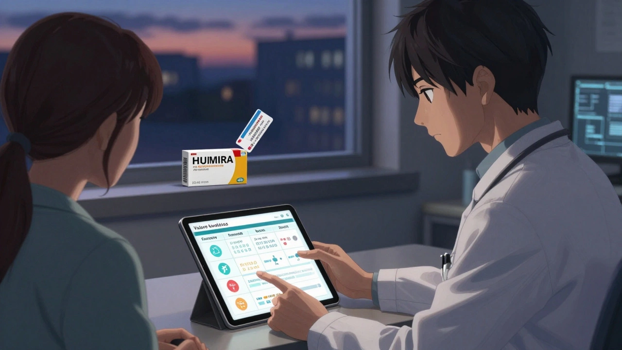 Doctor and patient review drug efficacy data on tablet, biosimilar package beside brand-name box.