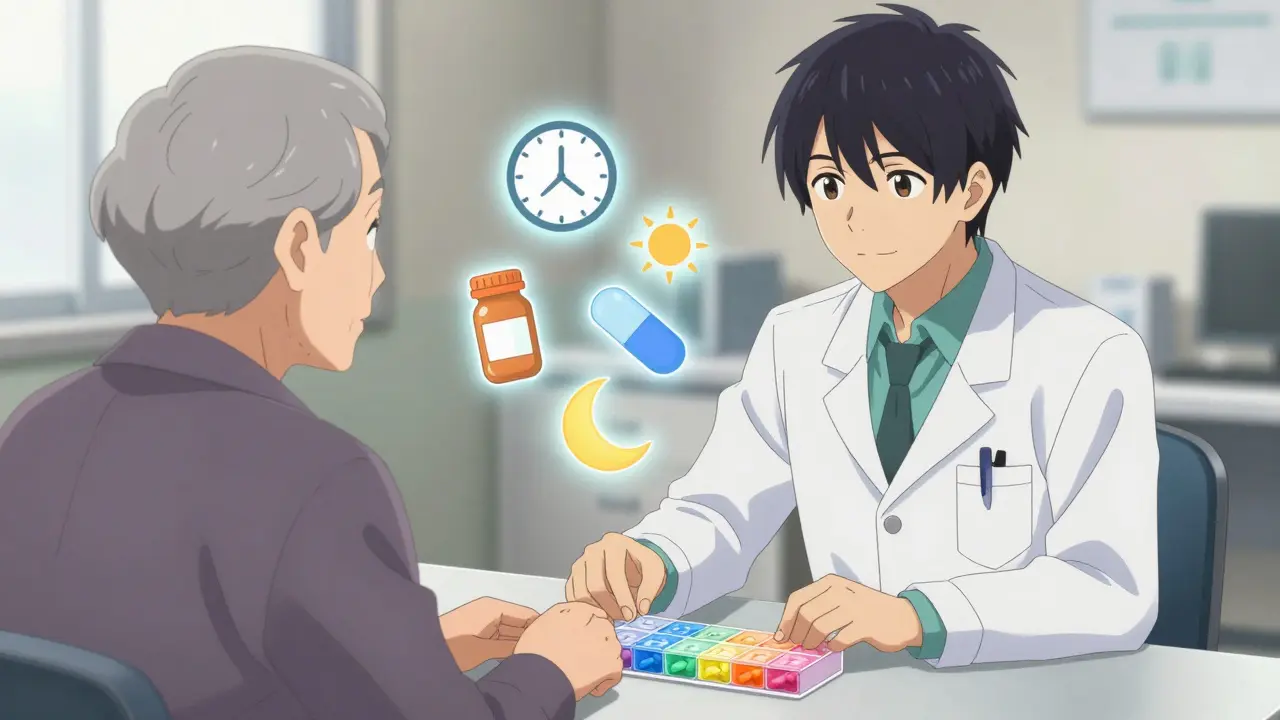 Doctor and senior using color-coded pill organizer during teach-back conversation