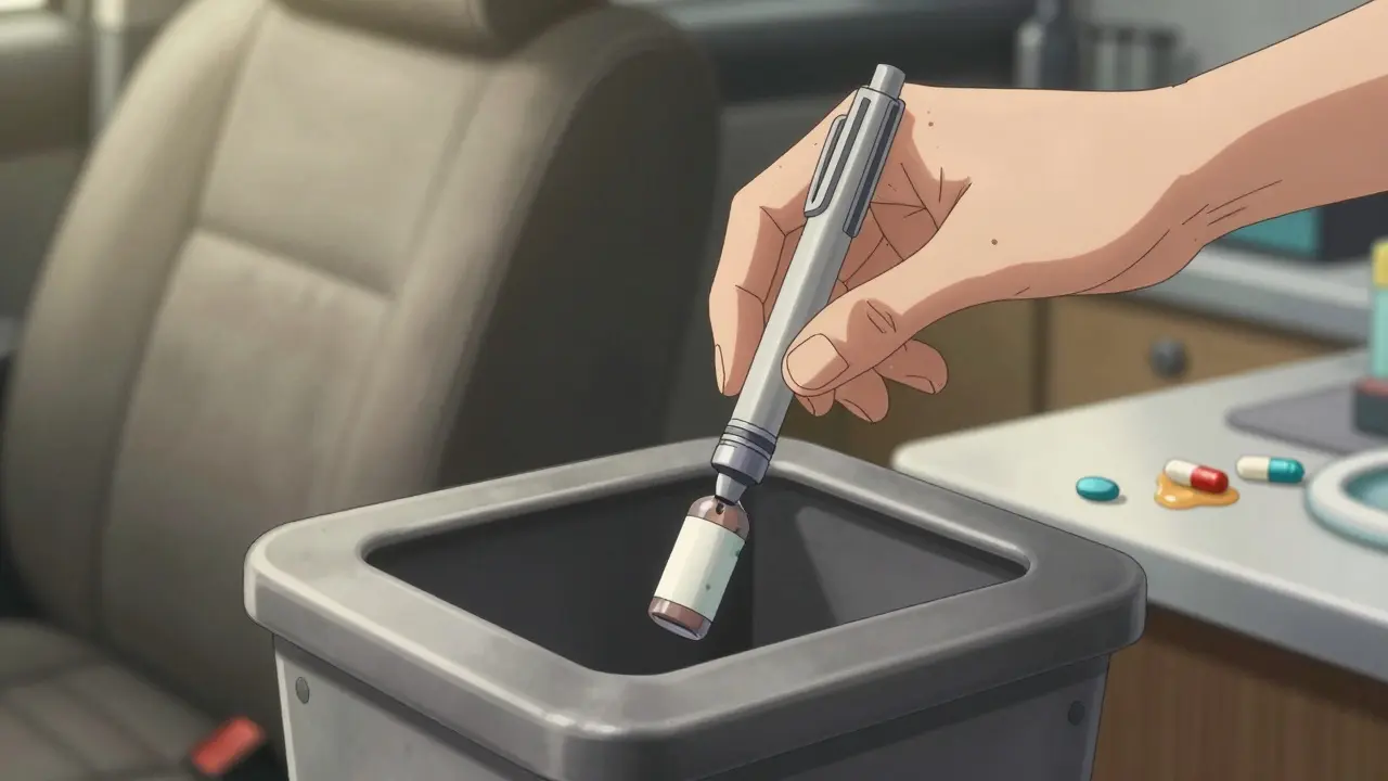 Expired insulin being disposed of at a pharmacy while heat-damaged meds linger in background.