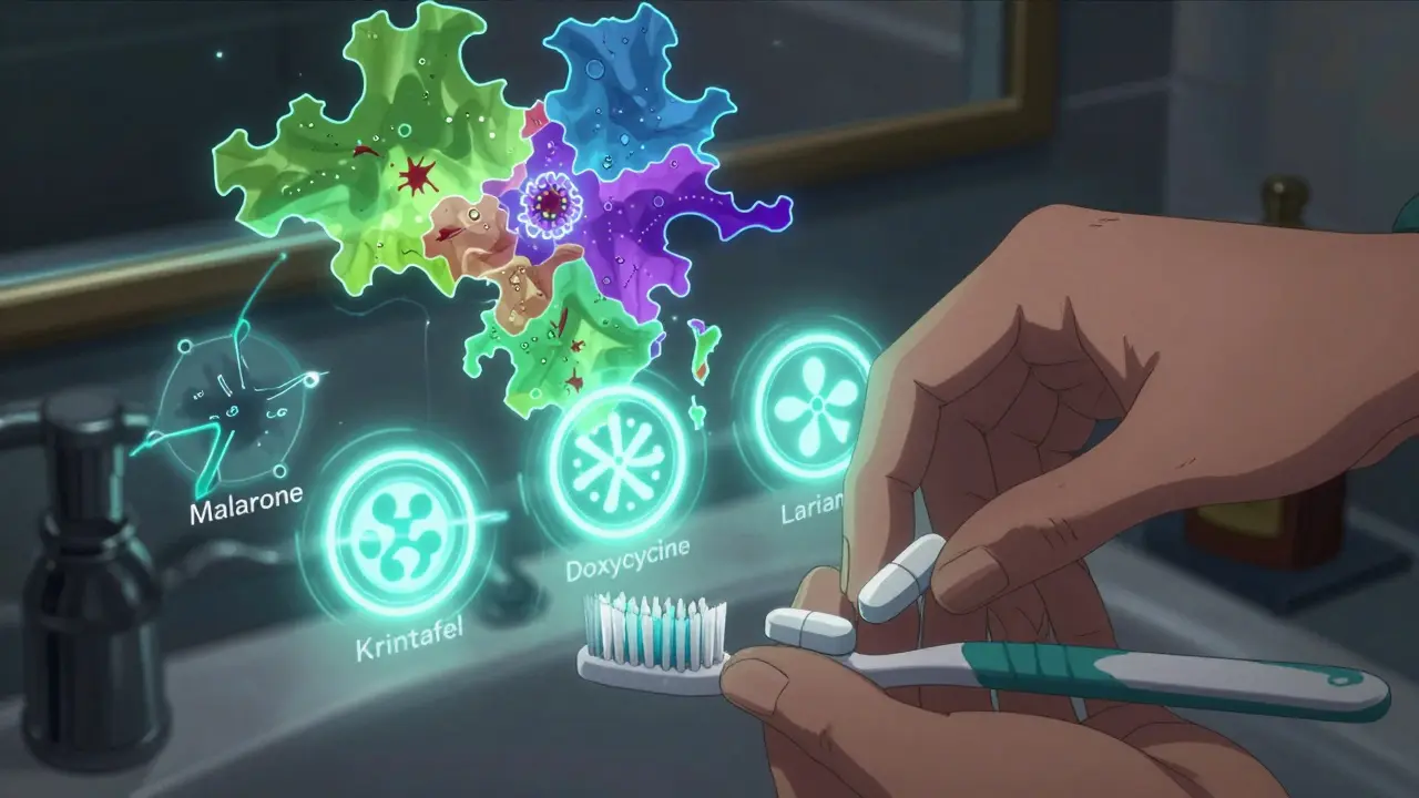 Hand placing malaria pills beside toothbrush with symbolic representations of each drug floating in the air.