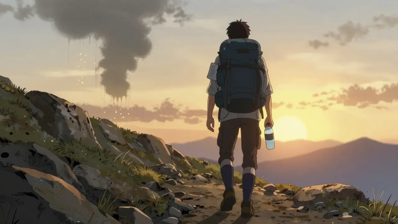 Hiker on a mountain trail with medical supplies, symbolizing safe travel with blood thinners.