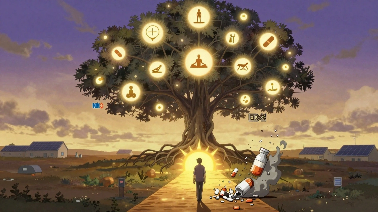 Neural pathway tree blooming with therapies, patient walking past crumbling opioid bottles toward sunlight.