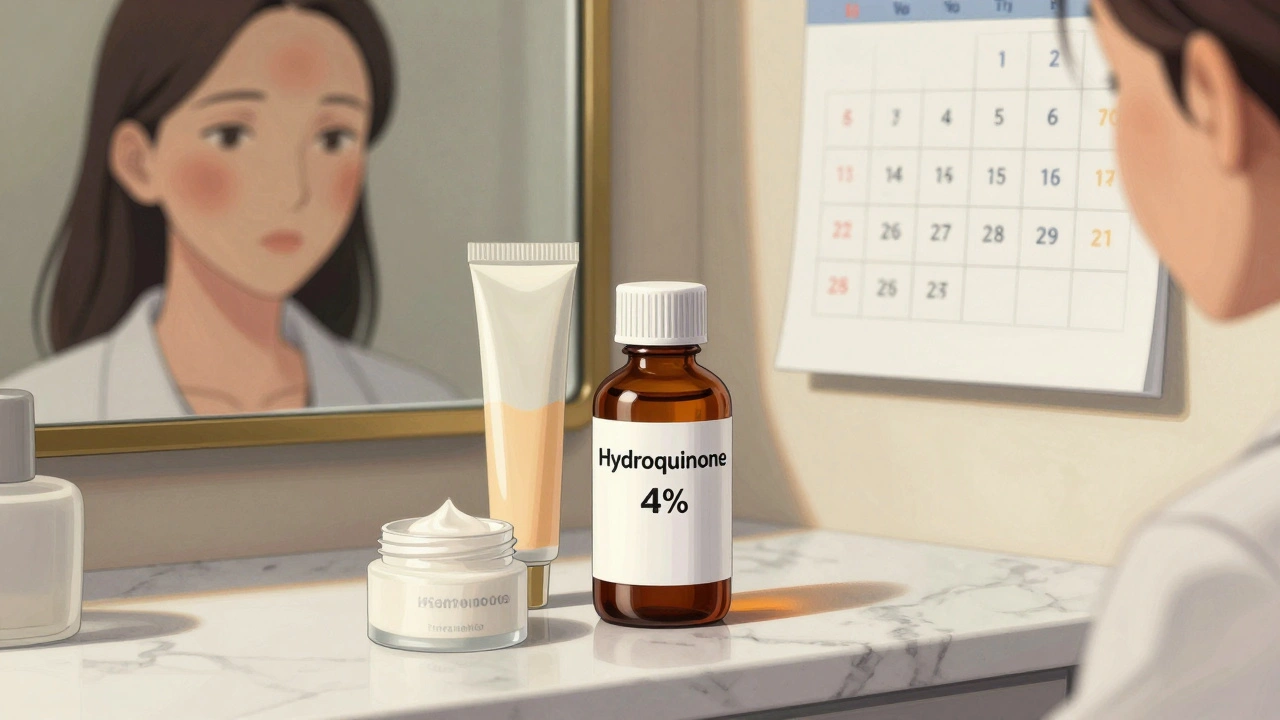 Nighttime skincare routine with prescription bottles and marked calendar