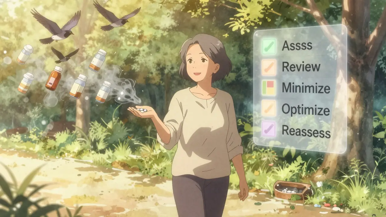 Older woman walking peacefully in a park, holding few pills as discarded medication bottles fade away.