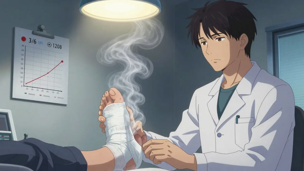 Patient's foot after cryotherapy treatment in a dermatologist's office.