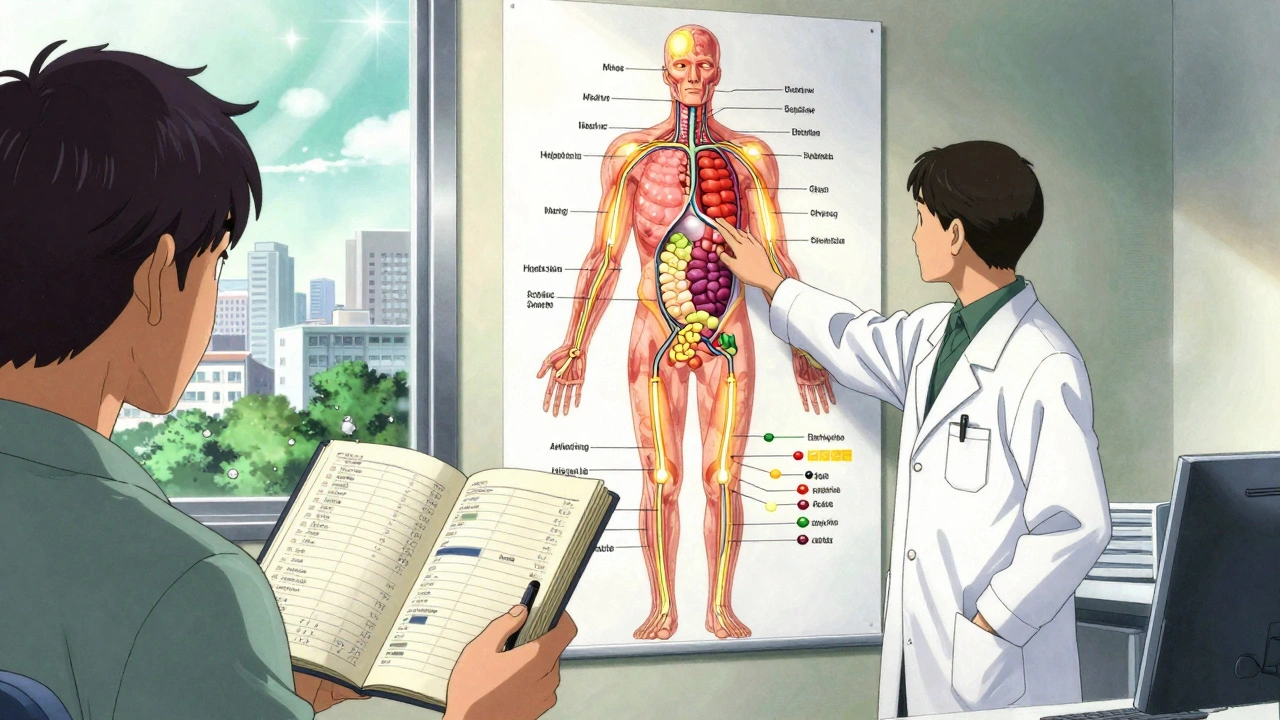 Patient and allergist reviewing immune system diagram in clinic, with pollen visible outside window.
