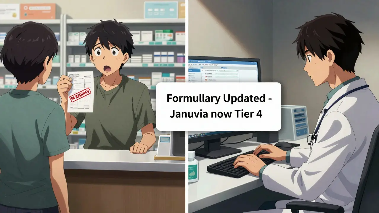Patient at pharmacy with denied prescription while physician sees formulary update on EHR screen.