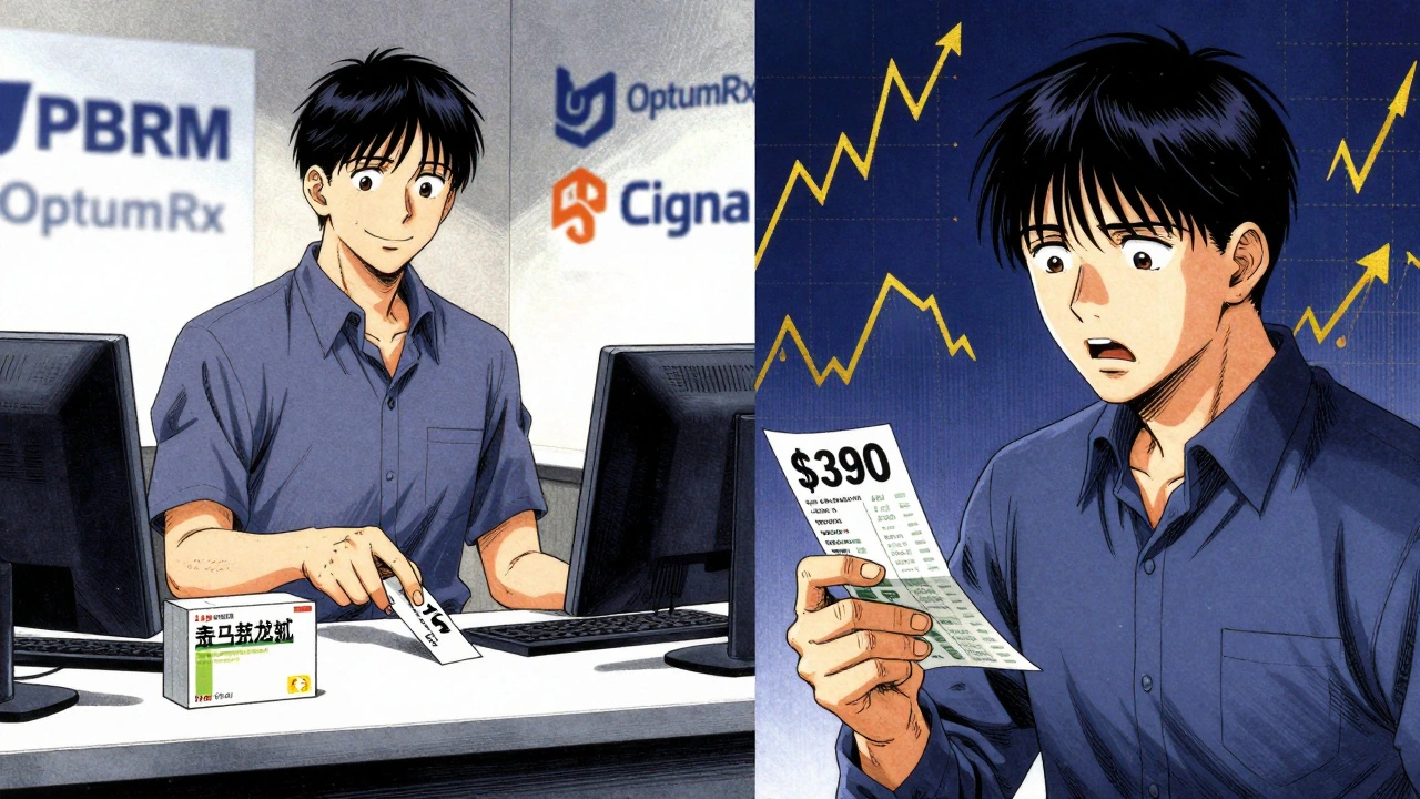 Patient compares  generic cost to 0 brand-name bill, with financial graphs floating above.