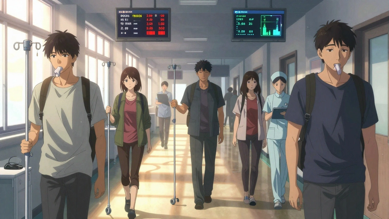 Patients walking in a hospital corridor at dawn, chewing gum and monitored by digital recovery metrics, with AI risk scores displayed above.