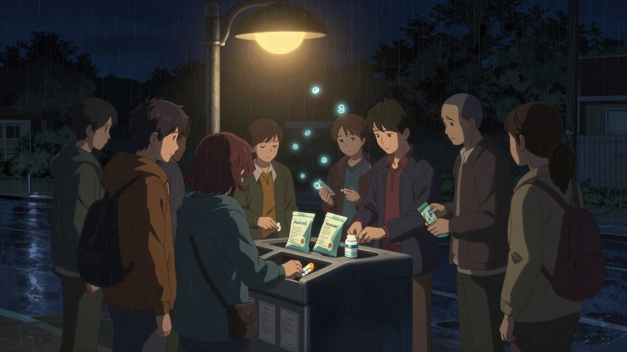 People anonymously disposing of medications at a pharmacy drop-off bin at night.