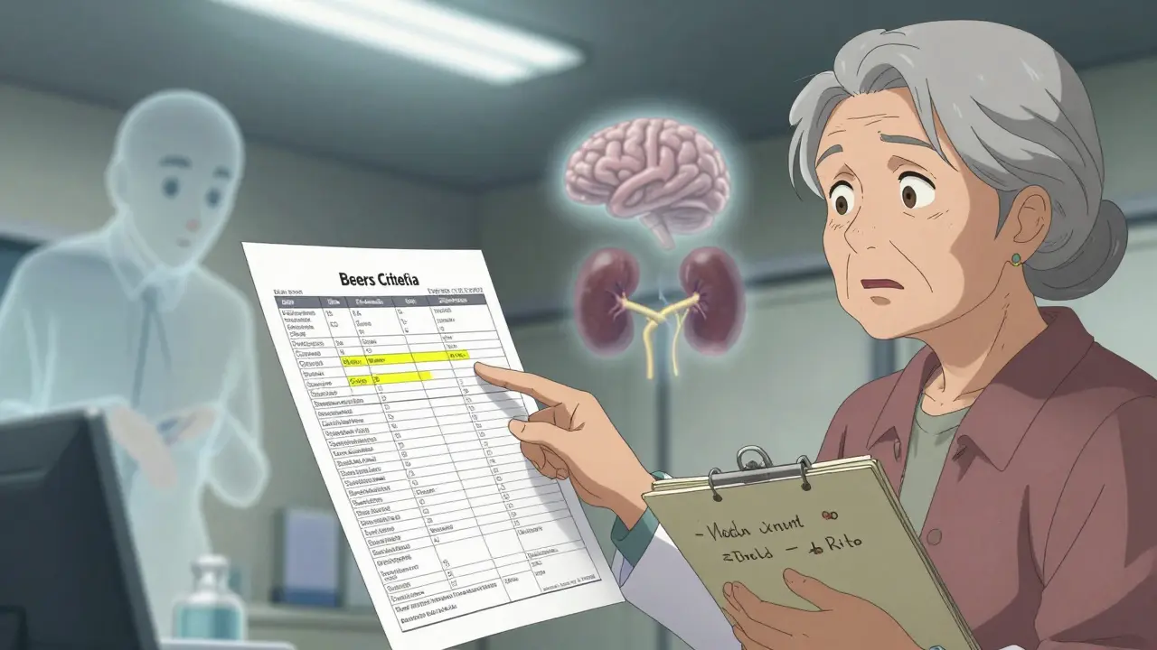 Pharmacist reviewing medication chart with elderly patient, ghostly side effects floating in the background.