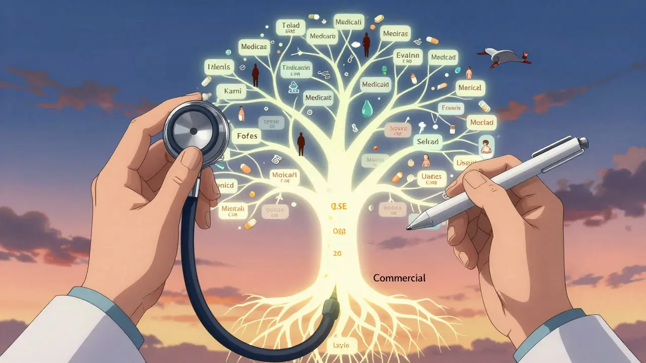Physician's hands holding stethoscope and stylus, with a branching formulary tree showing insurance plans and patient silhouettes.