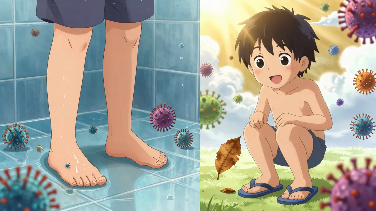 Split scene: child exposed to HPV in shower vs. healed with immune cells fighting virus.