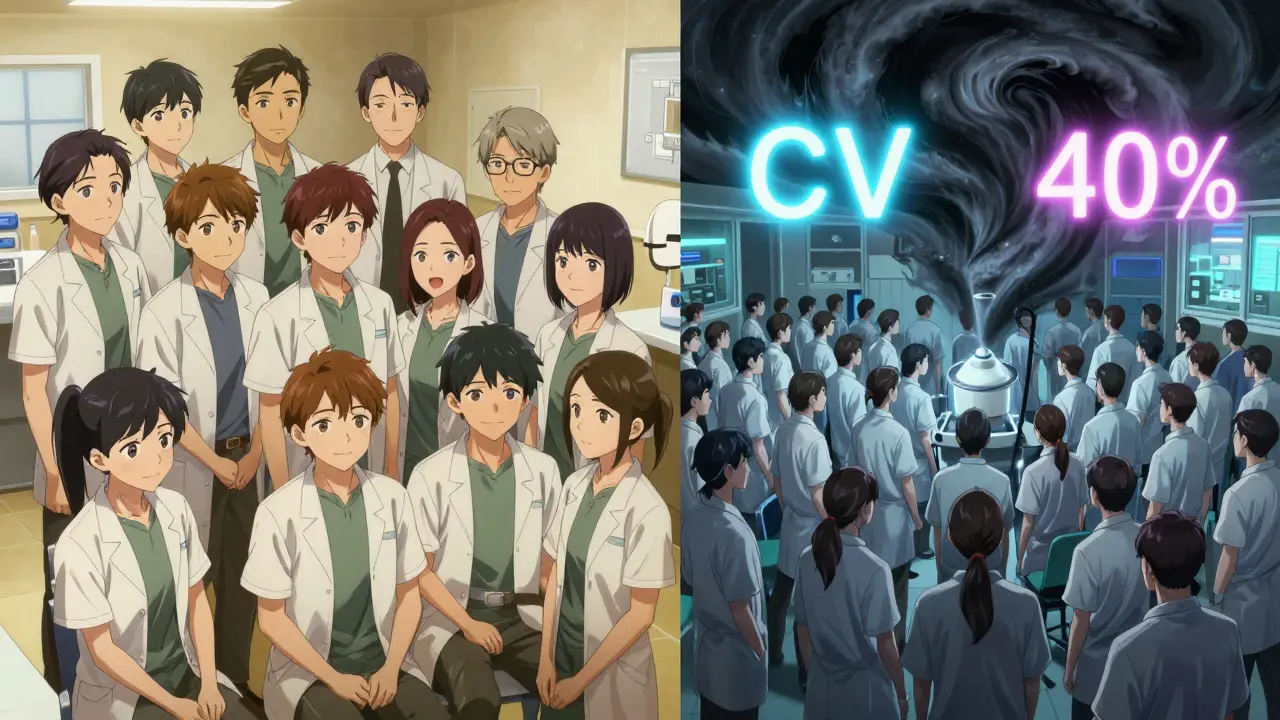 Split scene comparing a small, calm BE study group to a large, chaotic one due to high drug variability.