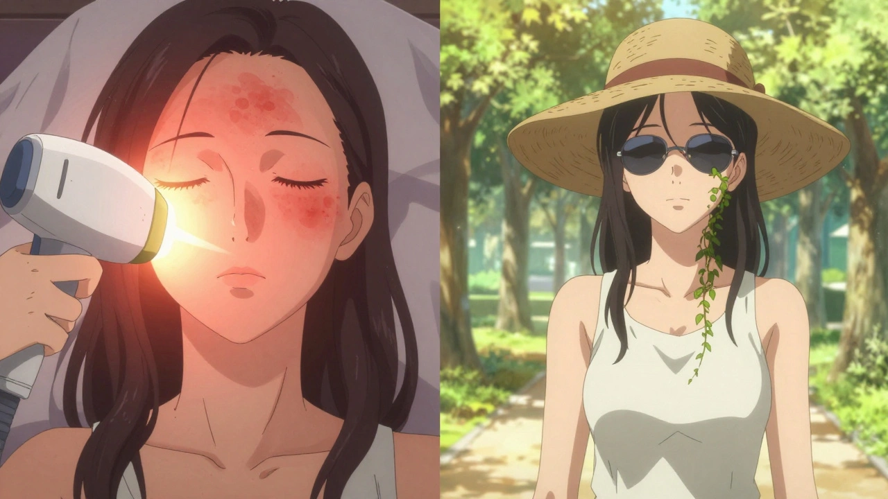 Split scene: laser treatment versus calm outdoor life with sun protection