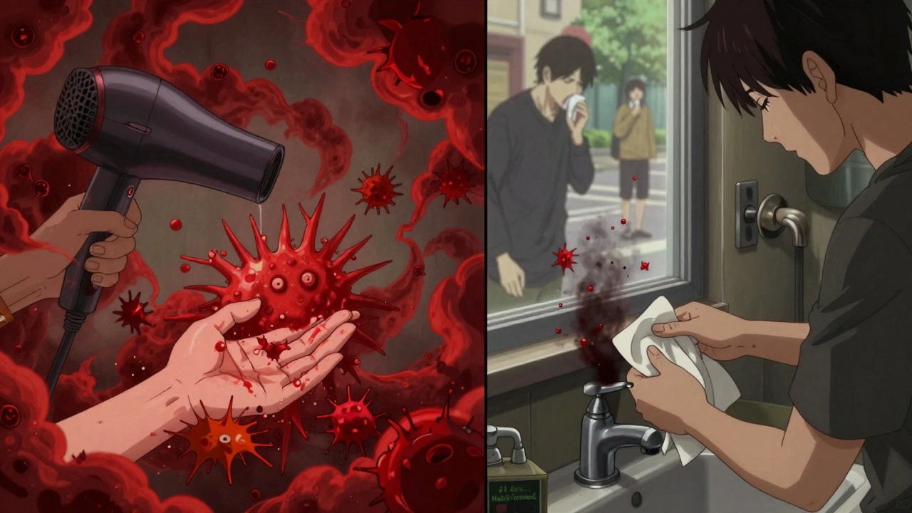 Split scene: left shows germs blown back by an air dryer; right shows germs absorbed by a paper towel while turning off the faucet.