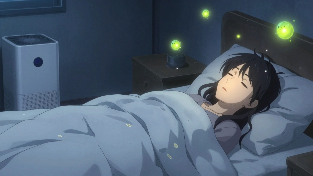 Split scene: peaceful sleep vs. restless night haunted by glowing allergens in bedroom.