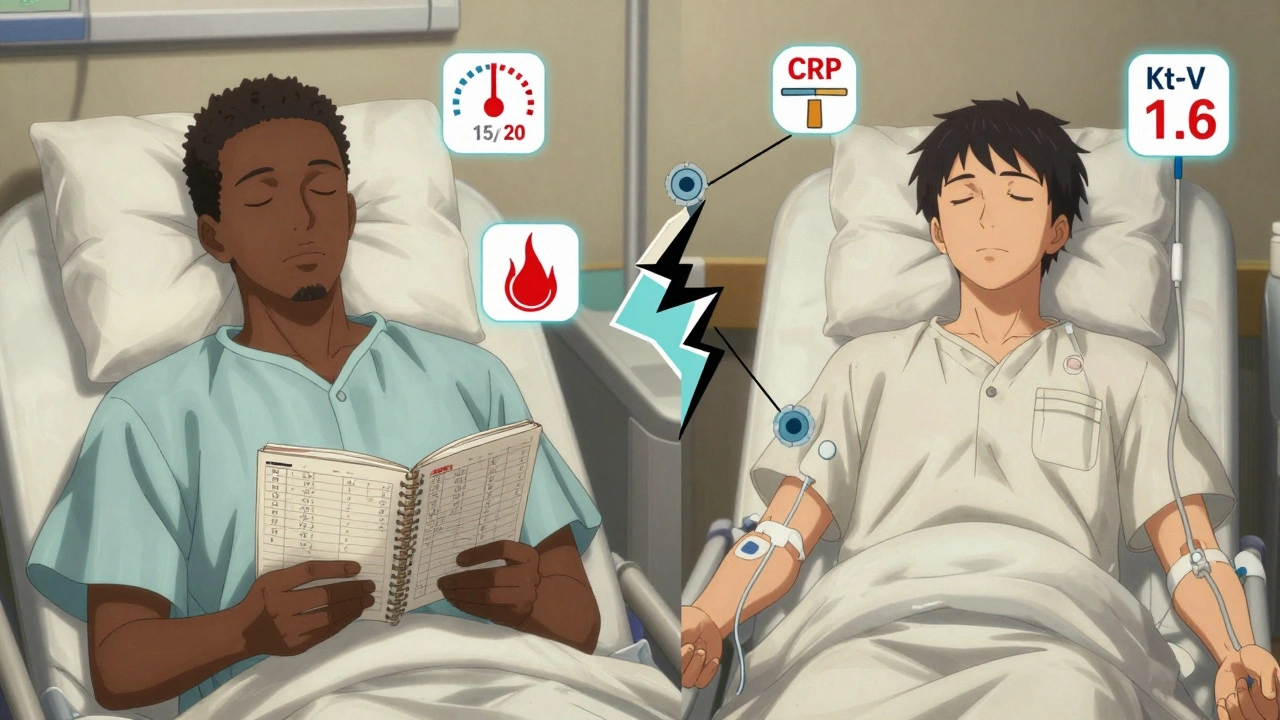 Split scene showing unequal dialysis access, with symptom indicators floating around two patients.