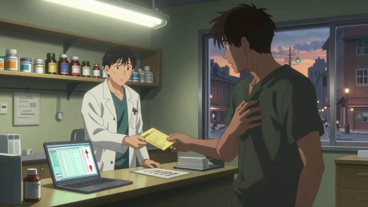 Traveler consulting a doctor abroad with INR booklet and medical documents.