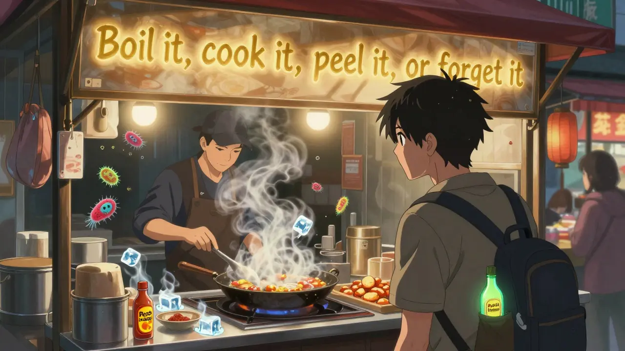 Traveler observing street food vendor with glowing safety mantra above, contaminated elements fading away.