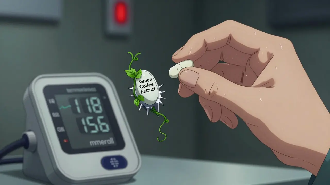 Two pills hovering over a blood pressure monitor showing dangerous spikes, one labeled green coffee extract, the other Adderall.