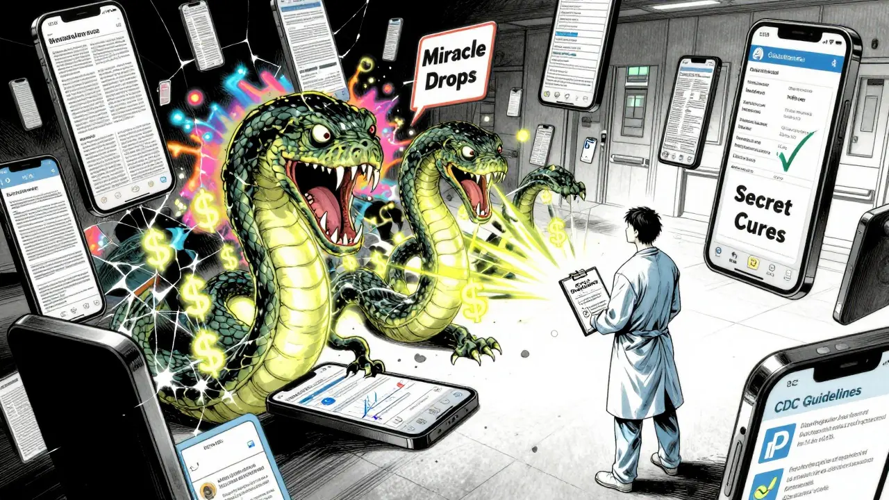 Viral health scams as monstrous entities attacking a healthcare professional holding scientific guidelines in a surreal battle.