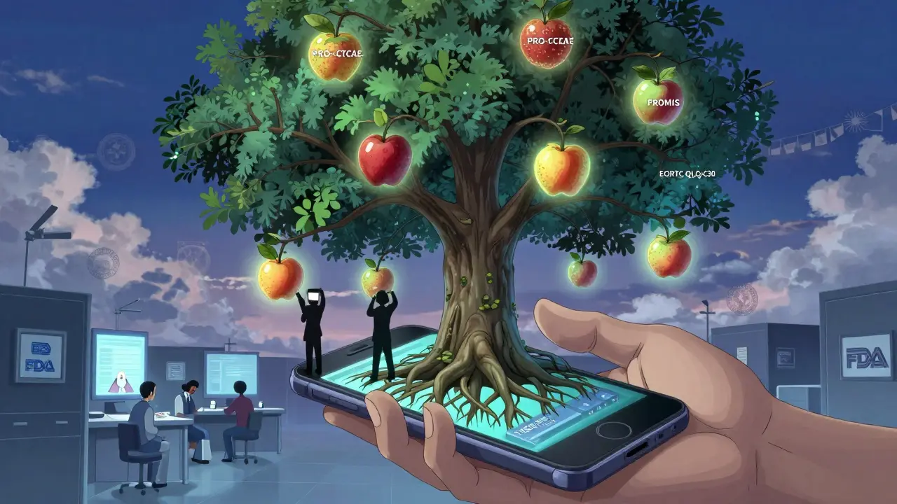 A digital tree grows from a patient's hand, bearing validated symptom measurement tools as glowing fruit.