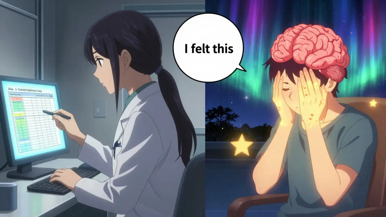 A doctor reviews lab results while a patient's inner experience of side effects glows with vivid, invisible symptoms.