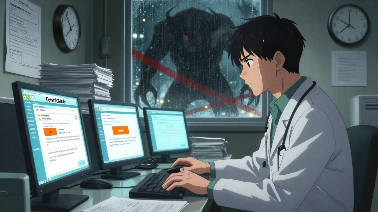 A doctor works late at night, overwhelmed by insurance forms on glowing screens.