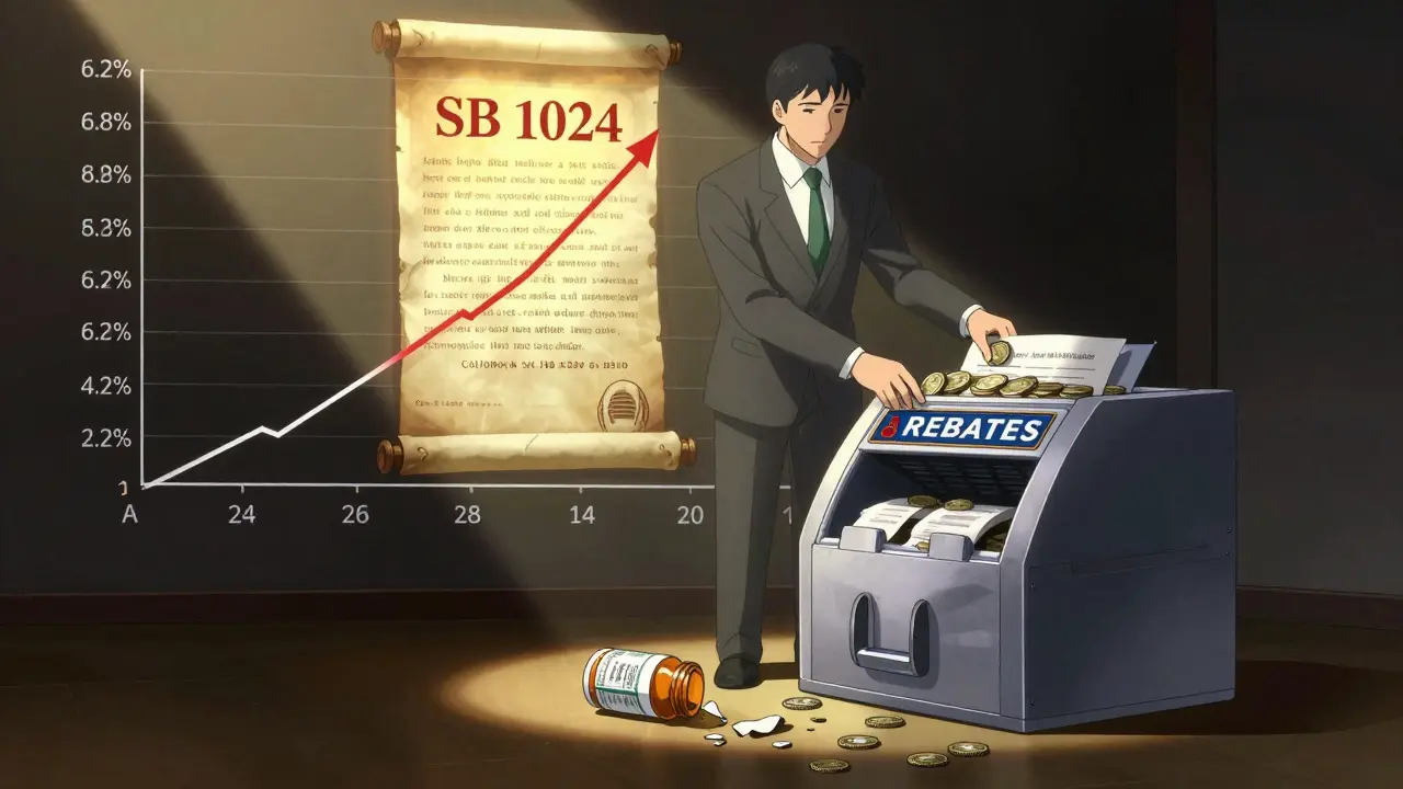 A patient's health declines as an insurance figure feeds rebates into a money machine.