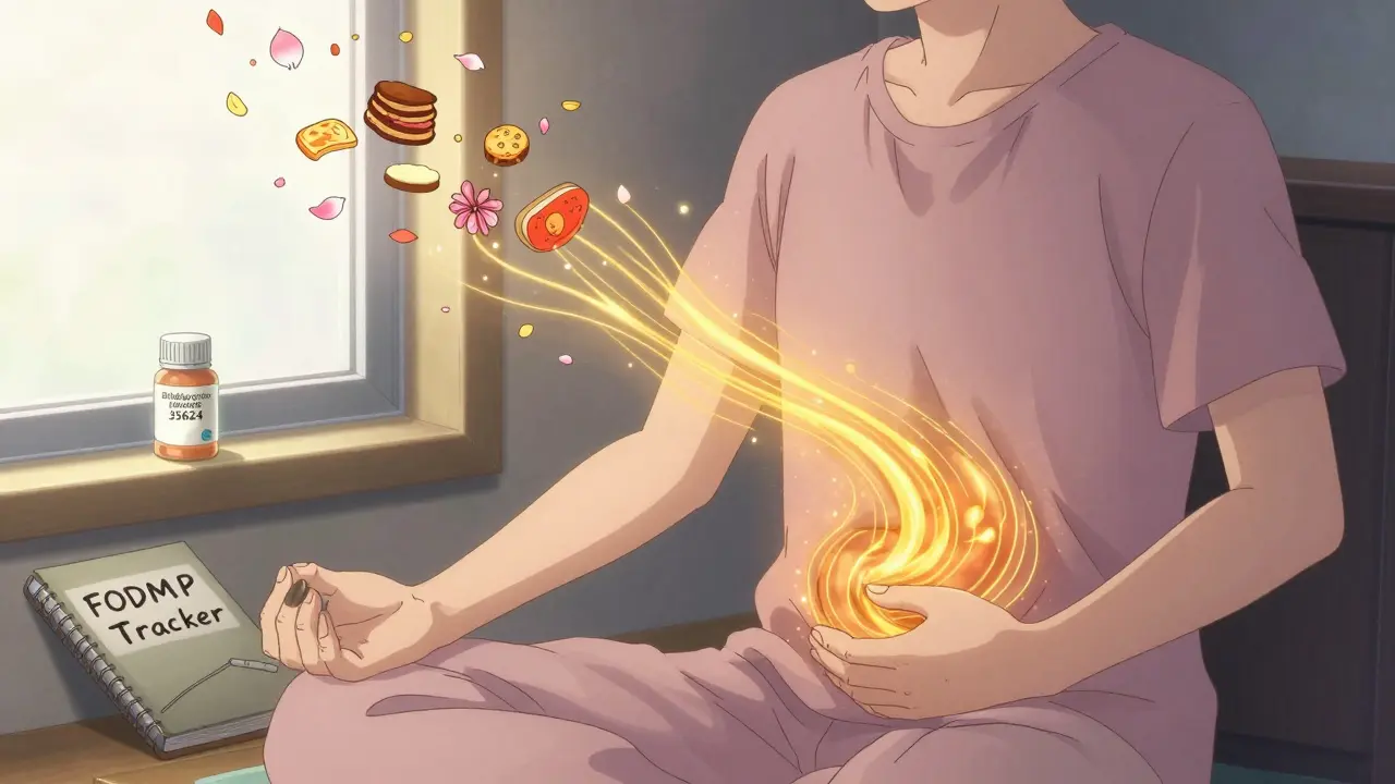 A person meditating with golden energy connecting mind and gut, a probiotic bottle and food journal visible on the windowsill.