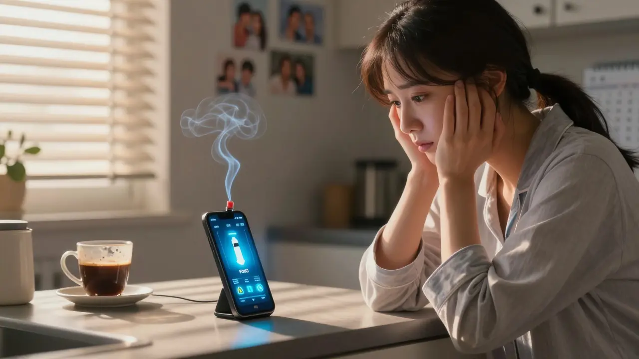 A smartphone showing a FeNO alert on a kitchen counter at dawn, with a woman staring at it in quiet realization.