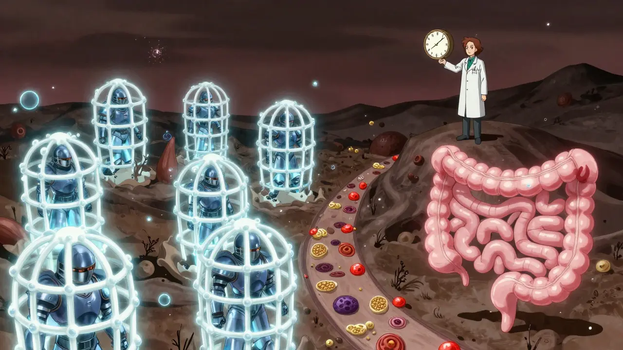 Abstract battle in gut between antibiotics and calcium barriers.