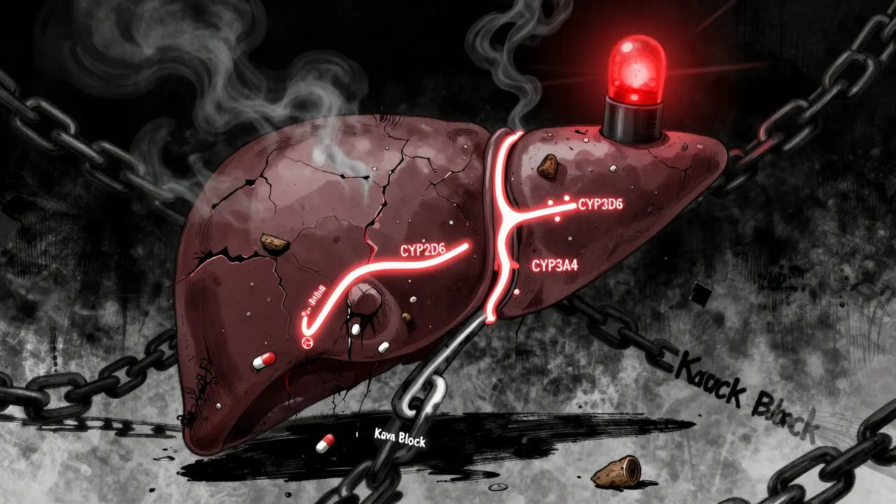 Abstract liver with shattered pathways blocked by kava and pills, glowing warning symbols