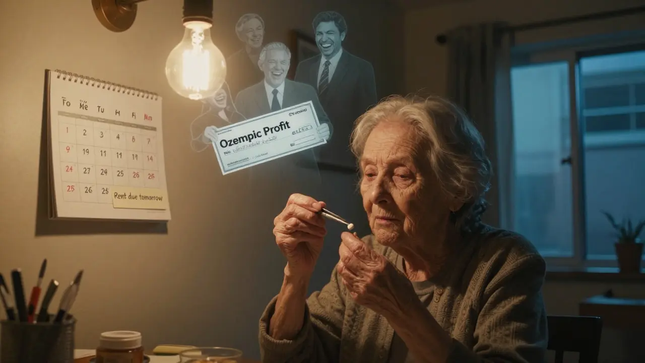 An elderly woman splits a pill under a dim bulb while ghostly executives laugh above her.