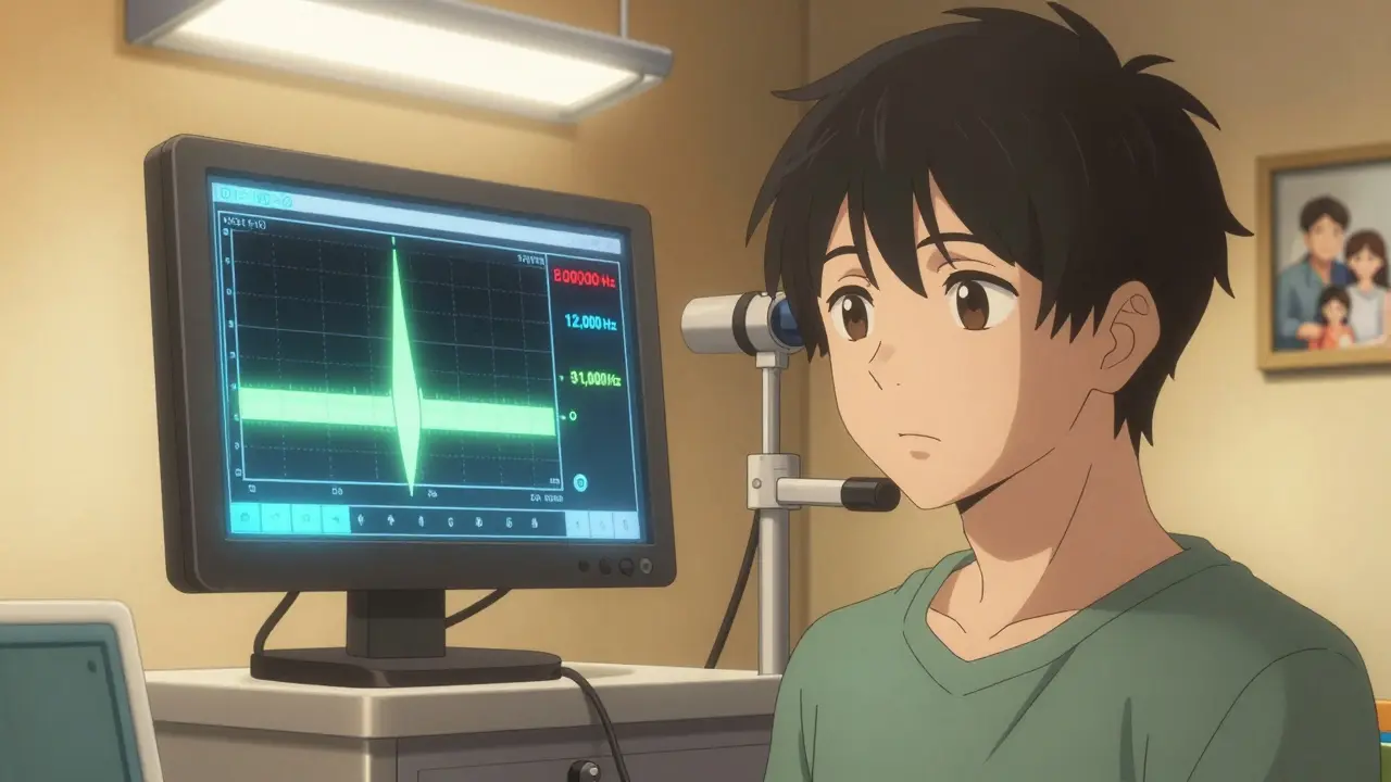 Audiologist performing a high-frequency hearing test on a cancer patient with glowing test results showing hearing loss.