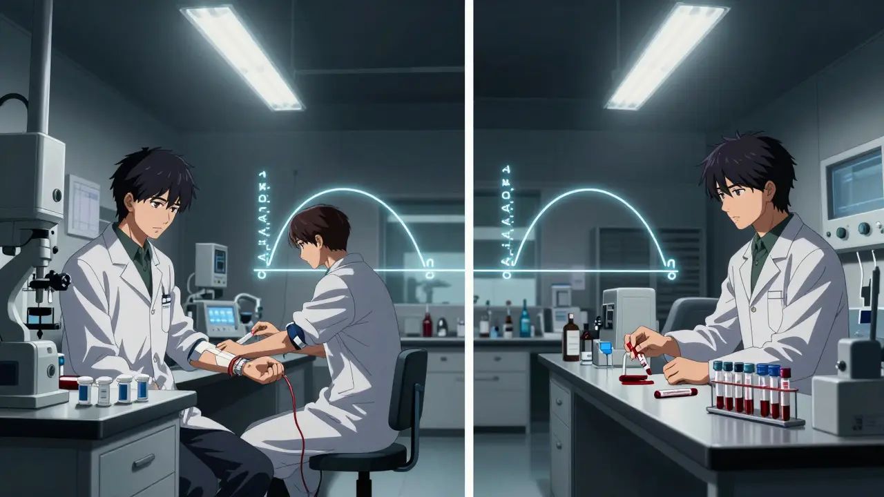 Clinical trial volunteers having blood drawn, with synchronized bioequivalence graphs glowing in the air.