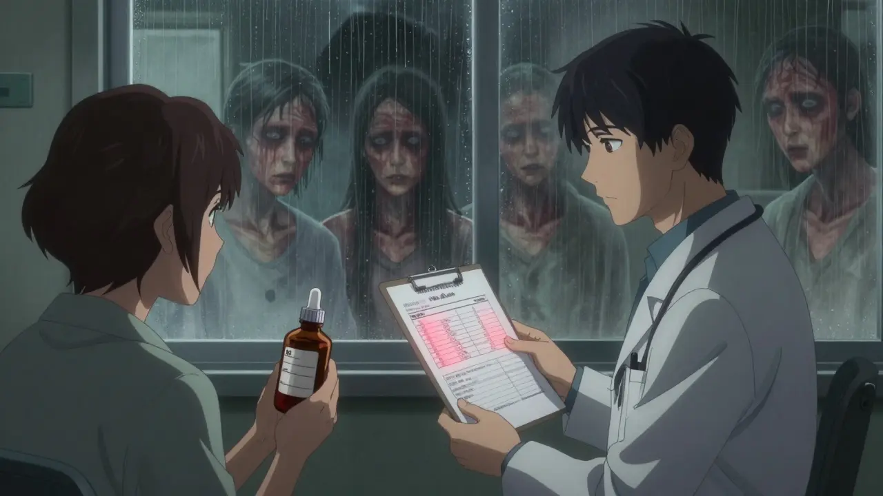 Doctor and patient in clinic with blood test results and ghostly victims in background