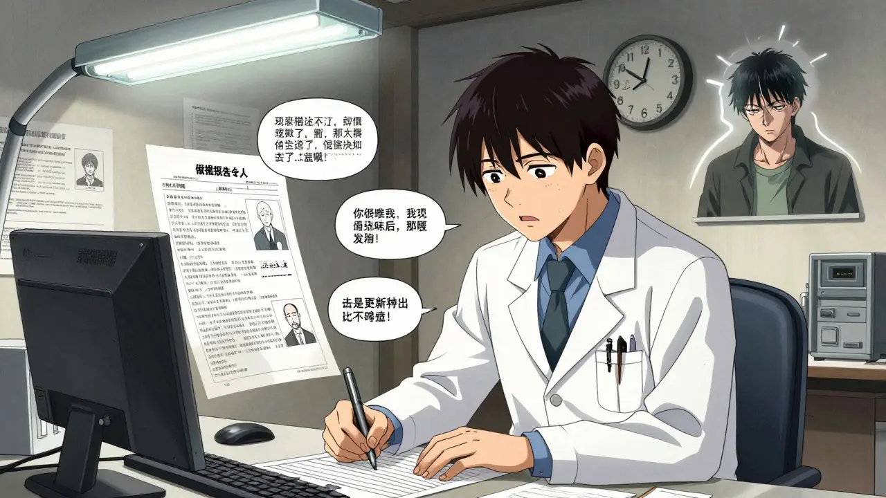 Doctor signing prior authorization as clock ticks and patient shows seizure aura.