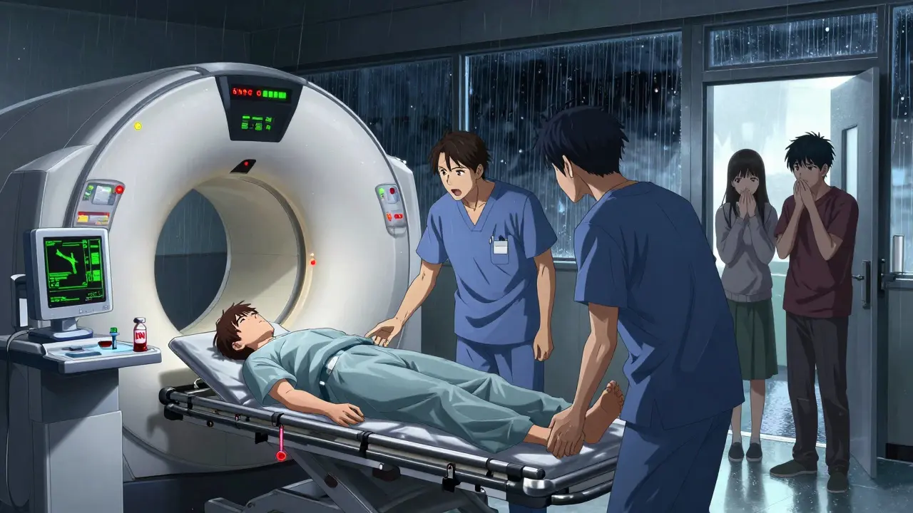 Emergency room patient undergoing CT scan, doctors monitoring monitors, blood test vial glowing red, family member watching in distress.