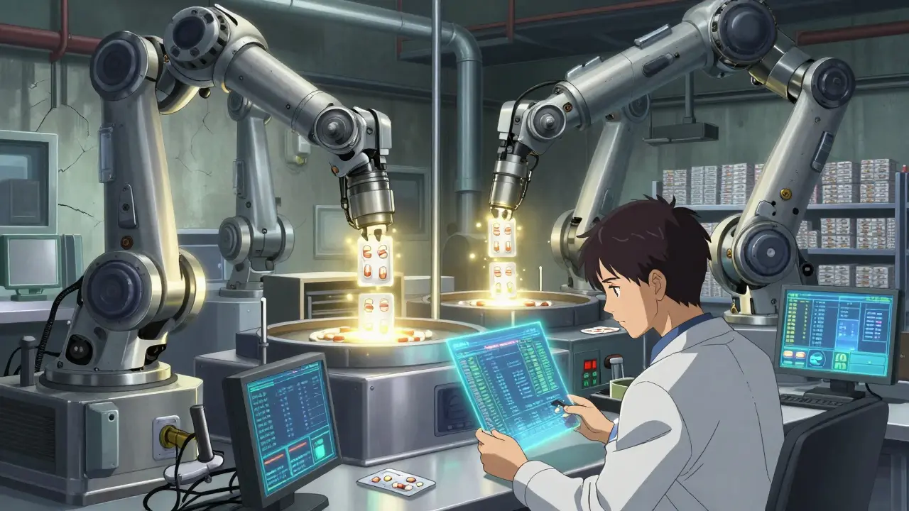 Factory robots packaging generic pills under FDA inspection, with holographic quality data visible.