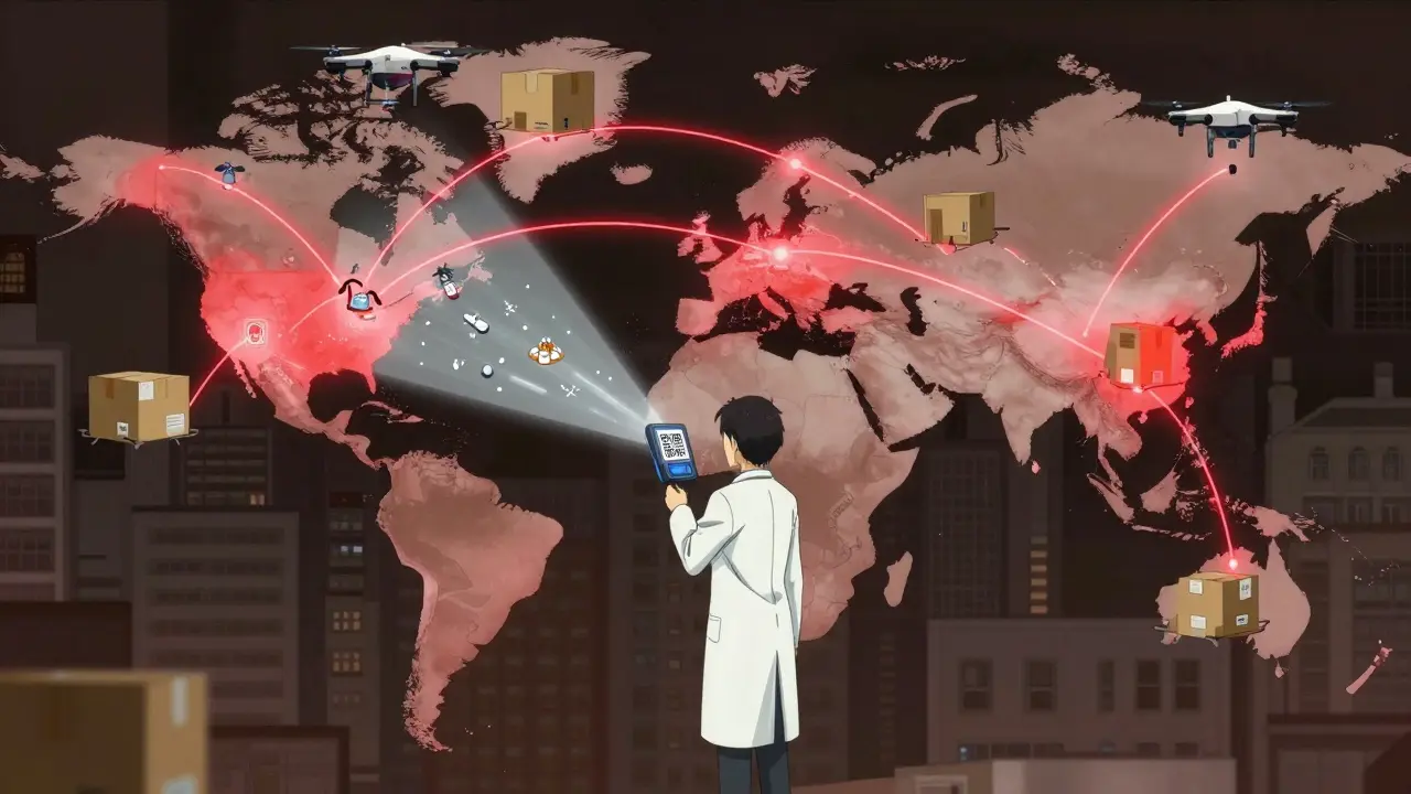 Global map showing counterfeit drug routes entering U.S. homes, pharmacist scanning a vial with warning symbols.