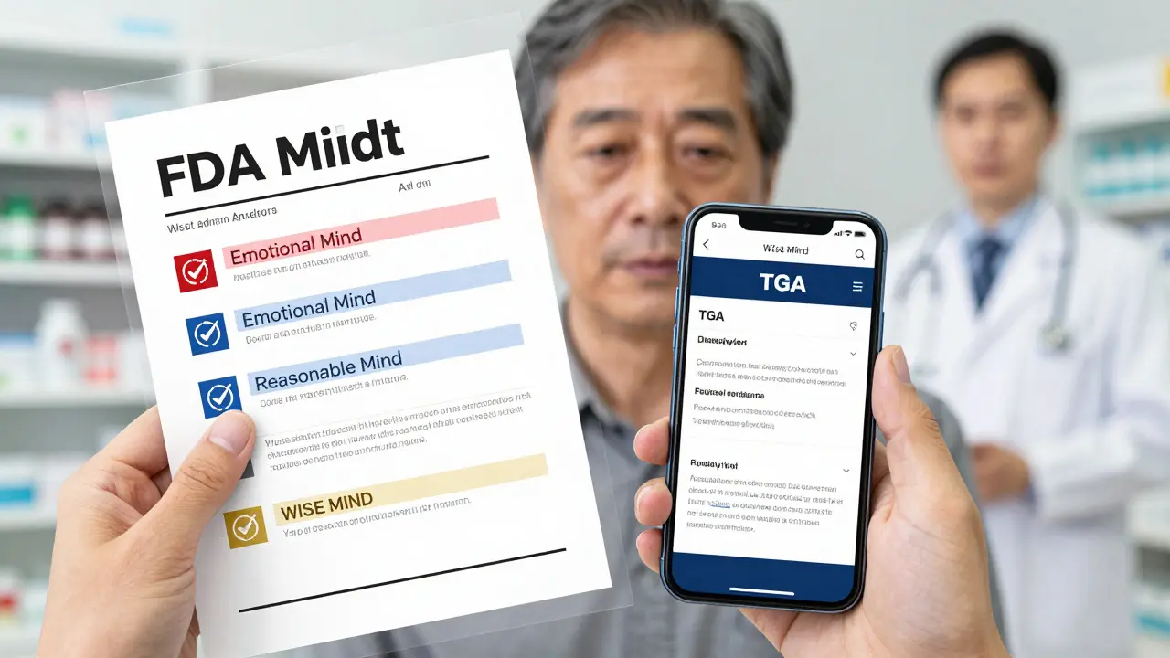 Hand holding drug alert next to smartphone showing official regulator site, WISE MIND checklist floating nearby.