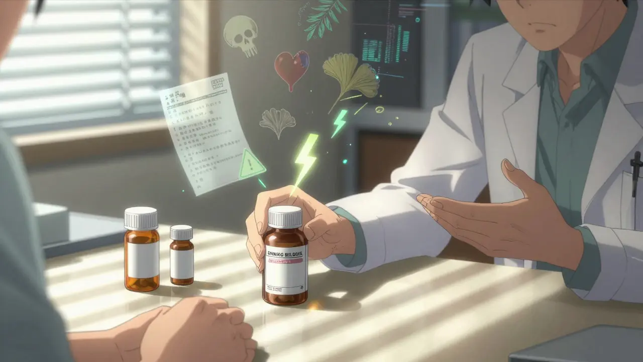 Hands placing ginkgo bottle next to prescription meds, with floating warning symbols above the table.