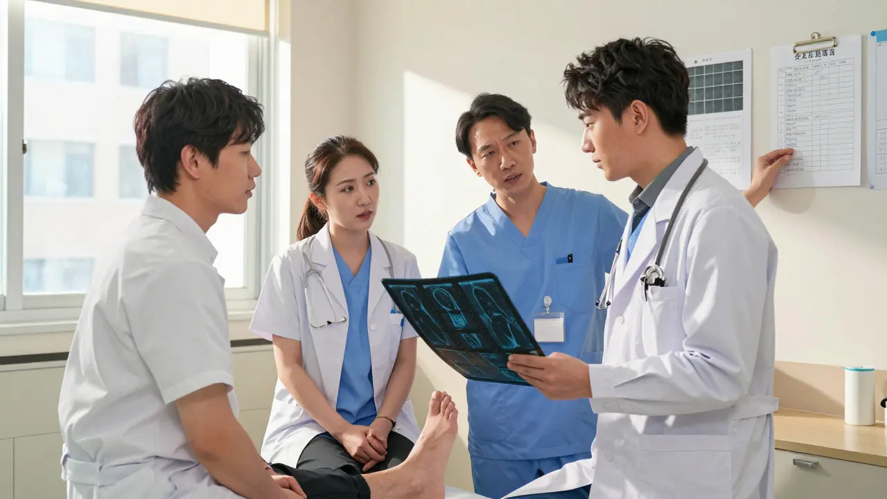 Healthcare team reviewing foot scan with patient, emphasizing integrated diabetic foot care.