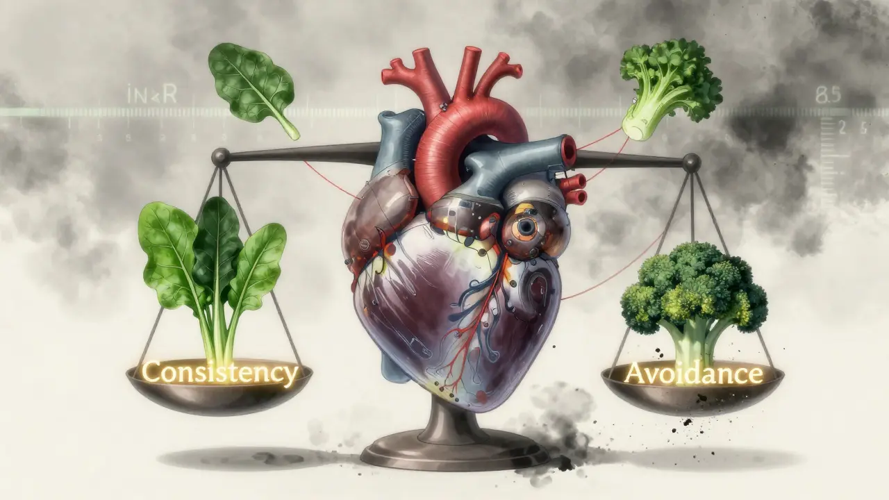 Heart with floating greens connected to a scale labeled 'Consistency' vs 'Avoidance', symbolizing stable warfarin therapy.