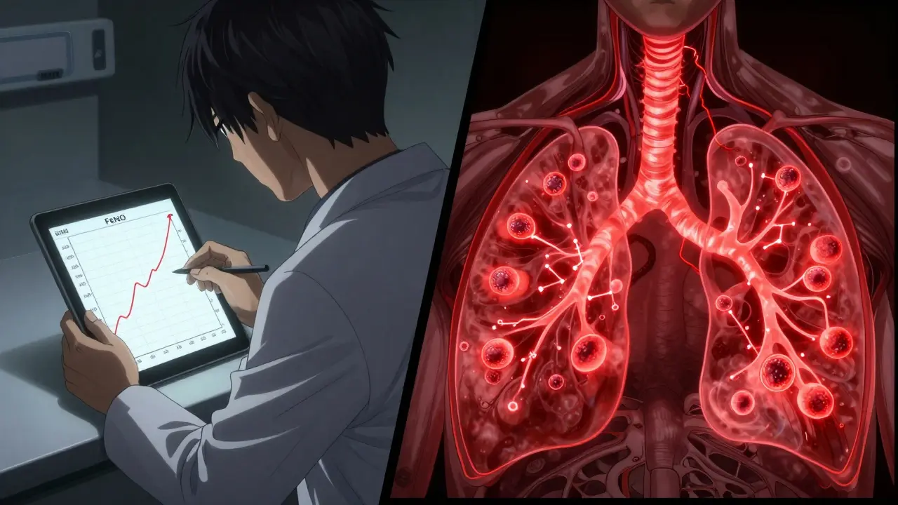 Internal view of inflamed airways glowing red with eosinophil cells swirling, paired with a rising FeNO graph on a tablet.