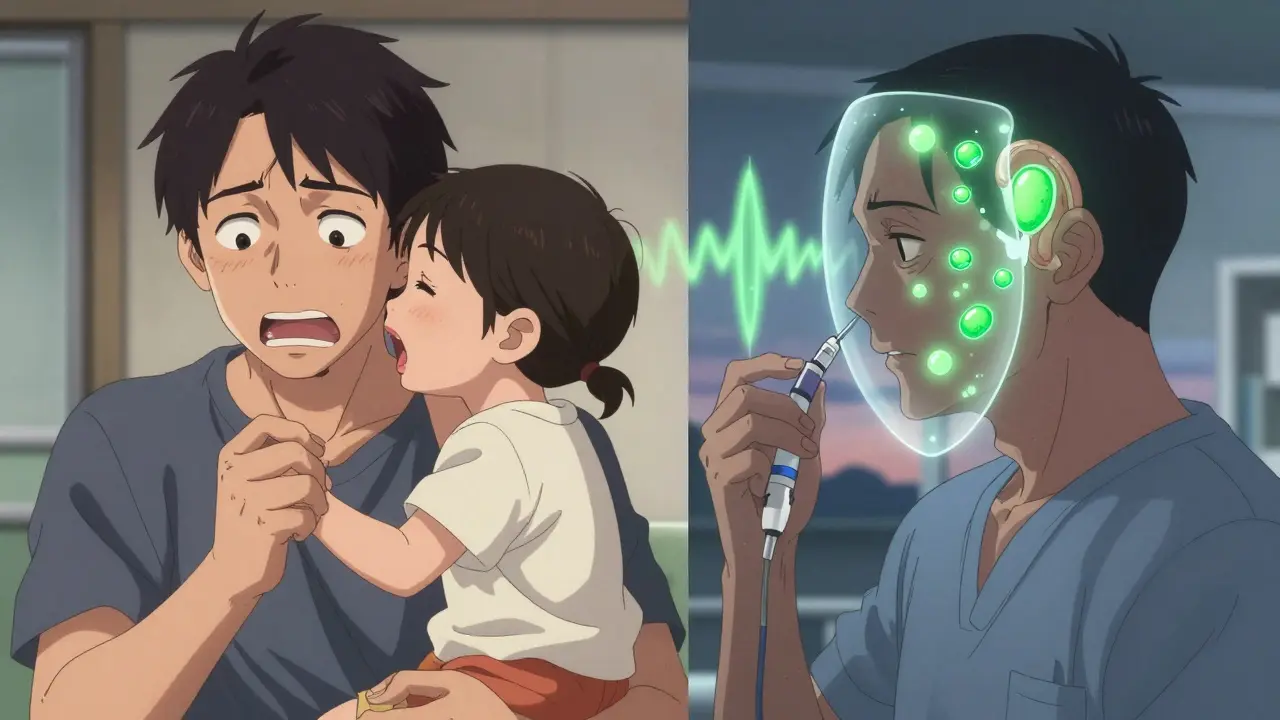 Man struggling to hear his grandchild’s voice, contrasted with him receiving protective treatment in a clinic.